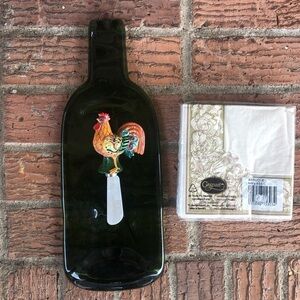 Melted Recycled Green Glass Wine Bottle Cheese Tray, Rooster Spreader & Napkins
